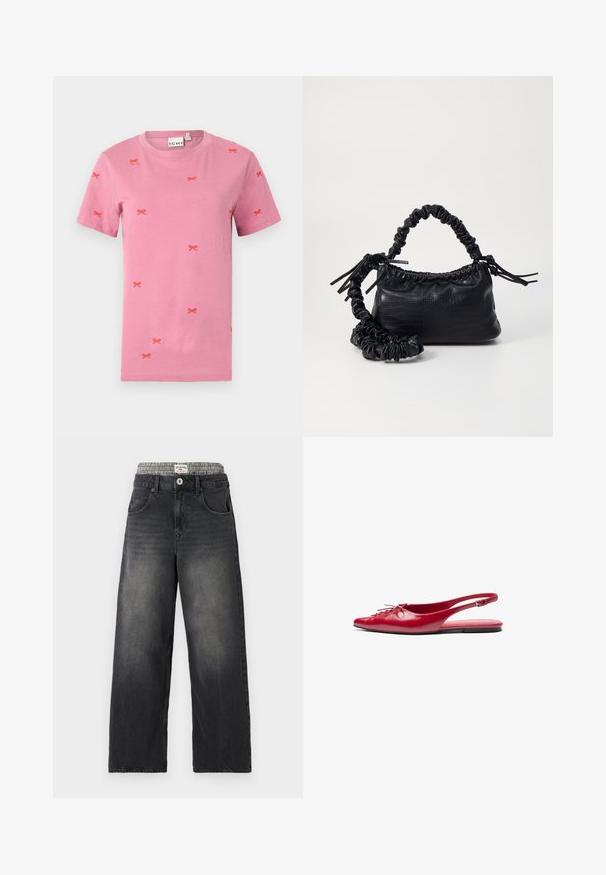 Růžové tričko s krátkým rukávem z bavlny, na kterém jsou rozptýlené výšivky červených mašlí. Kulatý výstřih a standardní střih.; Černé džíny s širokými nohavicemi a pasem s kostkovaným vzorem. Obsahují přední kapsy a zapínání na knoflík. Ošuntělá textura.; Červená kožená sanda s plochým podpatkem a špičatou špičkou, s dekorativním šněrováním na přední straně, s úzkým řemínkem kolem kotníku a plochou podrážkou.; Černá kabelka z umělé kůže s krokodýlím vzorem, staženým vrškem a zmačkaným popruhem. Zdá se, že má měkký a kompaktní design.