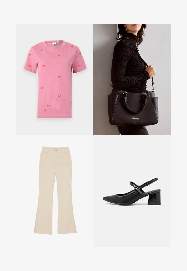 Rožinė medvilninė trumpomis rankovėmis marškinėliai su išsidėsčiusiu raudonų kaspinų siuvinėjimu. Apvalus iškirpimas ir standartinis siluetas.; Šviesiai rudos spalvos plačios kelnės su aukštu liemeniu, pagamintos iš medvilnės audinio. Turi priekinės ir galinės kišenes, diržo kilpas ir vieną sidabrinį mygtuką.; Juodi patentinio odos slingback aukštakulniai su smailiu pirštu, apvaliu išpjovimu ir blokiniu kulnu. Papuošti auksiniu juostos akcentu.; Juodas rankinės maišelis su struktūrizuota paviršiumi, dvigubais viršutiniais rankenėlėmis ir reguliuojamu peties diržu. Įrengtas aukso spalvos furnitūra ir šoninės kišenės.