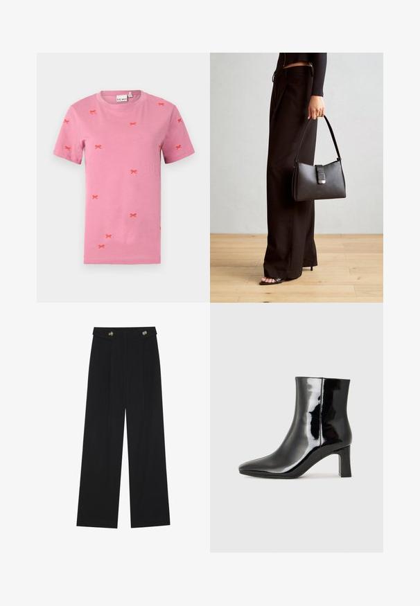 Kratka majica s kratkimi rokavi iz rožnate bombažne tkanine z razpršenimi vezenimi rdečimi pentljami. Ovratnik s krožnim izrezom in standardna prilegajoča zasnova.; Črne široke hlače s visokim pasom, gumbnimi detajli na pasu in sprednjimi gubami.; Črne lakirane gležnjarje z ošiljenim nosom in srednje visokim blokastim peto. Gladka tekstura in minimalističen dizajn.; Črna torbica z strukturirano obliko, gladko teksturo in kovinskim zaponko. Ujemajo se z širokimi črnimi hlačami in odprtimi sandali na lesenem tleh.