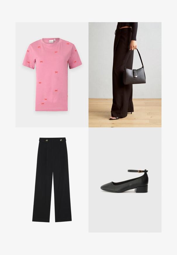 T-shirt de algodão rosa de manga curta com bordado de laços vermelhos espalhados por toda a peça. Decote redondo e design de ajuste padrão.; Calças largas pretas com cintura alta, detalhes em botão na cintura e pregas frontais.; Sandal de pele preta com bico pontiagudo e um salto bloco baixo. Apresenta uma tira no tornozelo com uma fivela em tom dourado. Textura suave.; Bolsa preta com forma estruturada, textura suave e um fecho metálico. Combinada com calças largas pretas e sandálias de salto aberto sobre um chão de madeira.