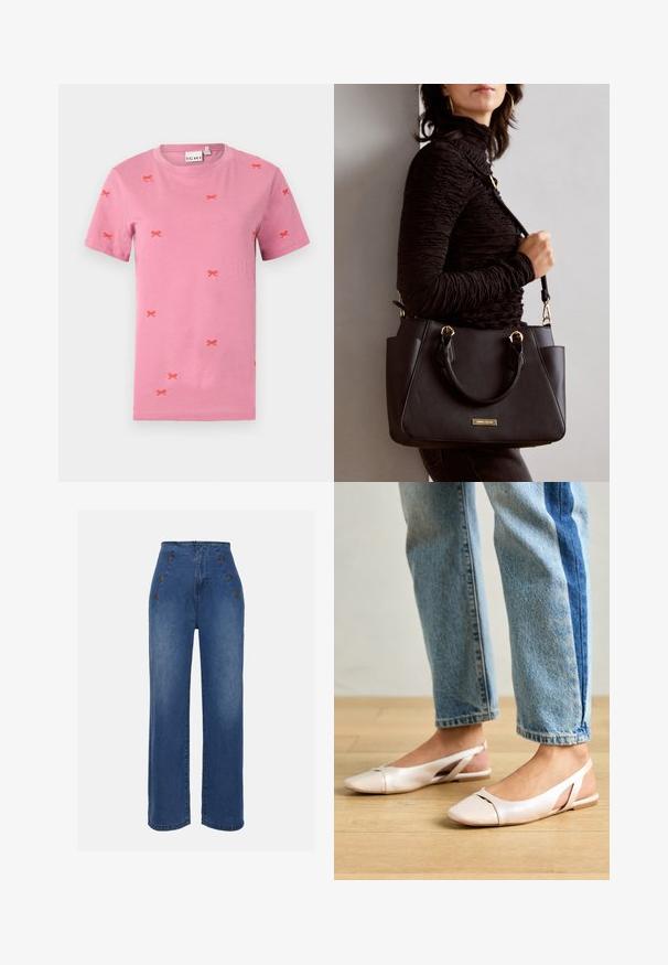 Rozā Kokvilnas T-krekls ar īsām piedurknēm, ar sarkano lentīšu izšuvumiem visā virsmā. Apaļa kakla izgriezums un standarta piegriezums.; Augstas jostas denima bikses vidēji zilā krāsā. Iespējas ir priekšējie pogu akcenti un plata kāju dizains. Audumam ir gluda tekstūra ar nelielu nodilumu.; Bālti rozā siksniņu dzīvokļi ar smailu purngalu, izgatavoti no gludas ādas līdzīgās materiāla. Iezīmē izgriezumu detaļas sānos un platu papēdi.; Melnā rokassoma ar teksturētu virsmu, diviem augšējiem rokturiem un regulējamu pleca siksnu. Iespējas ar zelta krāsas aparatūru un sānu kabatām.