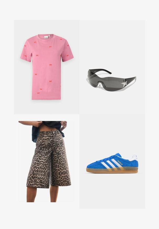 Rožinė medvilninė trumpomis rankovėmis marškinėliai su išsidėsčiusiu raudonų kaspinų siuvinėjimu. Apvalus iškirpimas ir standartinis siluetas.; Lepardo rašto džinsiniai šortai su laisvu siluetu, vidutinio aukščio juosmeniu, struktūruotais siūlais ir plačiais kojų kirpimais. Audinys pasižymi minkšta tekstūra.; Mėlyni zomšiniai sportbačiai su baltais dryžiais ir „Gazelle“ tekstu. Yra guminis padas ir tekstūruoti akcentai ant viršaus. Klasikinis dizainas.; Juodos saulės akinius su apvaliu dizainu, tamsiai tonuotais lęšiais, blizgančiais žvaigždės formos akcentais ir reguliuojamomis nosies pagalvėlėmis.