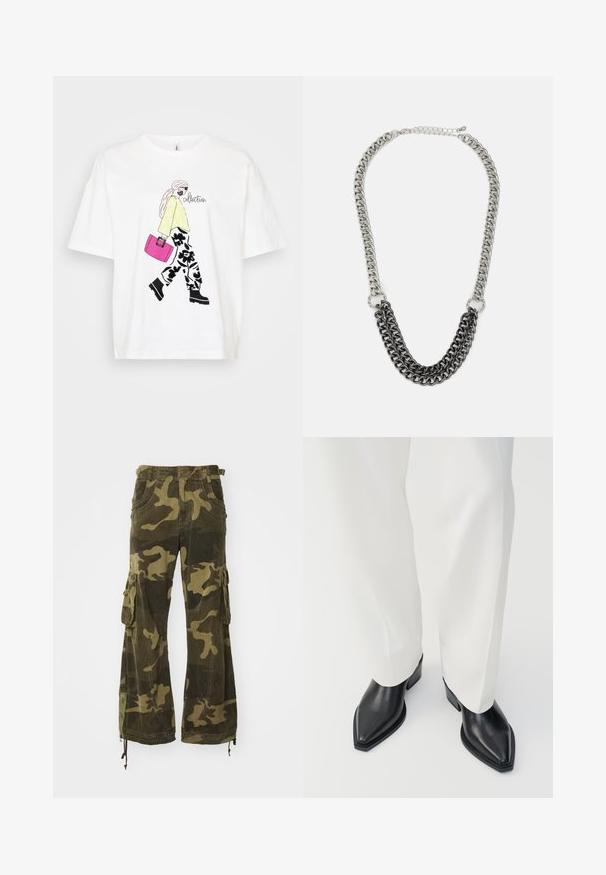 Valge T-särk, millel on graafika inimesest kollases kampsunis ja lillemustrites pükstes, kes kannab roosat kotti. Mustad aktsendid lisavad detaili.; Kamoflaažimustriga cargo-püksid, mis sisaldavad rohelise ja pruuni toone, mitme tasku ja reguleeritavate ääridega. Valmistatud vastupidavast kangast.; Mustad mustad varbaga saapad, millel on sile nahkviimistlus ja madalad plokknukid, koos valgete laia jala pükstega. Lihtne ja kaasaegne disain.; Metallist ketist kaelakee, kus vahelduvad hõbedased ja mustad lingid. Omab kolmekihilist disaini ja klambrit, millel on reguleeritav kett.