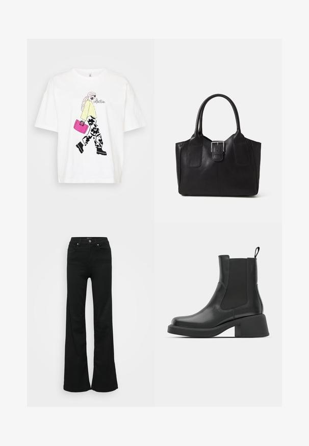 White T-shirt featuring a graphic of a figure in a yellow sweater and floral pants, carrying a pink bag. Black accents add detail.; Black flared jeans made from denim, featuring a high waist, five pockets, and metal button closure. Smooth texture with minimal detailing.; Black leather ankle boots with elastic side panels, rounded toe, and a chunky block heel. Smooth texture with a minimalistic design.; Black leather tote bag with smooth texture, structured shape, two handles, and a prominent silver buckle detail on the front.