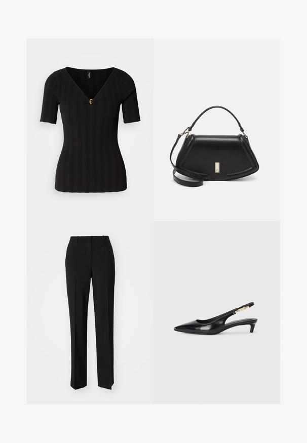 Black ribbed knit top with short sleeves, deep V-neck, and a gold decorative button at the center; form-fitting design.; Black tailored trousers with a straight-leg design, featuring a smooth texture and crisp creases along the front. No visible hardware.; Black leather slingback heels with a pointed toe, featuring a slim heel and a gold-tone accent on the adjustable strap. Smooth texture.; Black leather handbag with a structured design, featuring a cropped shape, top handle, and gold hardware accent. Adjustable shoulder strap included.