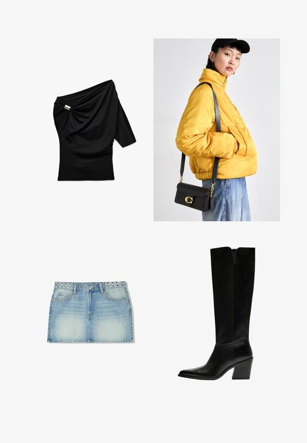 Zwarte top met een asymmetrisch ontwerp, één gedrapeerde mouw, ruches aan de zijkant en een metalen accent bij de schouder. Soepele stoftextuur.; Lichtblauwe denim mini-jurk met een studded tailleband, twee bovenste zakken en een rechte snit met een vervaagde textuur.; Zwarte laarzen tot de knie van soepel leer, met een puntige neus, een blokhak en een V-vormige uitsparing aan de bovenkant.; Geel gewatteerde jas met hoge kraag en voorzak, gecombineerd met een zwarte schoudertas met gouden hardware. Casual denim broek.
