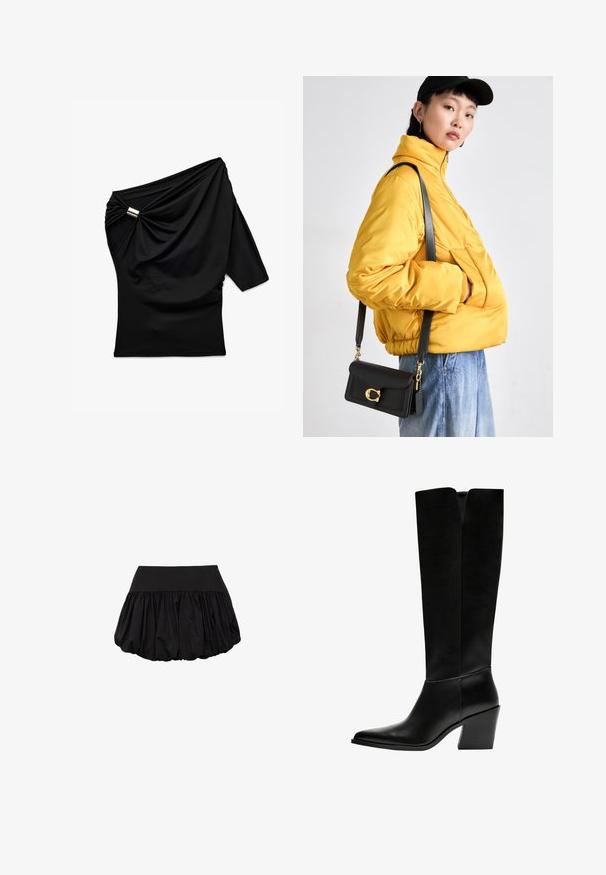 Schwarzes Top mit asymmetrischem Design, einem drapierenden Ärmel, seitlichen Raffung und einem metallischen Akzent am Schulter. Glatter Stofftextur.; Schwarzer Minirock mit einem strukturierten Bund und einem voluminösen, gerafften Design. Hergestellt aus leichtem Stoff, bietet er eine glatte Textur.; Schwarze kniehohe Stiefel aus glattem Leder, mit spitzem Schuhbund, einem Blockabsatz und einem V-förmigen Ausschnitt an der Oberseite.; Gelbe gepolsterte Jacke mit hohem Kragen und Fronttasche, kombiniert mit einer schwarzen Umhängetasche mit goldenen Beschlägen. Lässige Denim-Hosen.