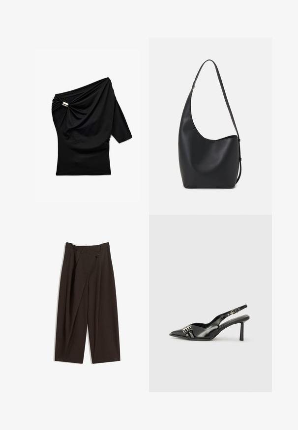 Schwarzes Top mit asymmetrischem Design, einem drapierenden Ärmel, seitlichen Raffung und einem metallischen Akzent am Schulter. Glatter Stofftextur.; Dunkelbraune, weite Hosen mit hohem Bund, die über einen einzigen Knopfverschluss und eine gefaltete Vorderseite verfügen. Hergestellt aus leichtem Stoff.; Schwarzer Lackleder Slingback-Schuh mit spitzem Zehenbereich, Knöchelriemen mit silbernen Schnallen und Beschlägen sowie einem schlanken Absatz.; Schwarze Leder-Hobo-Tasche mit einer glatten Textur, geschwungener Form und einem einzelnen verstellbaren Tragegurt; verfügt über eine weite Öffnung am oberen Ende.