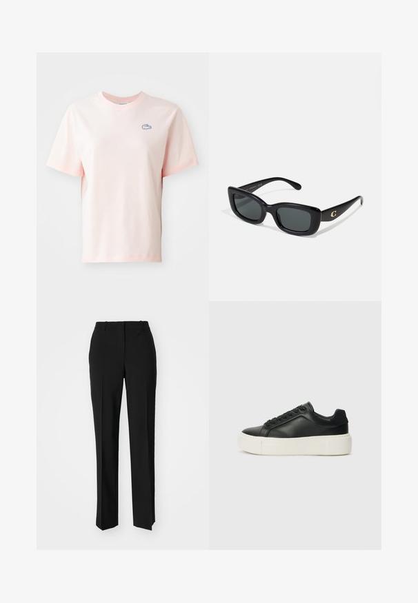 Tricou din bumbac de culoare roz pal, cu guler rotund, mâneci scurte și un mic logo de crocodil albastru pe pieptul stâng.; Pantaloni negri tailor-ed cu un design drept, având o textură fină și cute clare pe față. Fără elemente de prindere vizibile.; Adidași din piele neagră cu vârf rotund, talpă platformă albă și șireturi negre. Prezintă un logo discret pe toc și o textură netedă.; Ochelari de soare dreptunghiulari negri, cu lentile închise, din plastic neted. Prezintă un accent cu logo auriu pe unul dintre brațe.