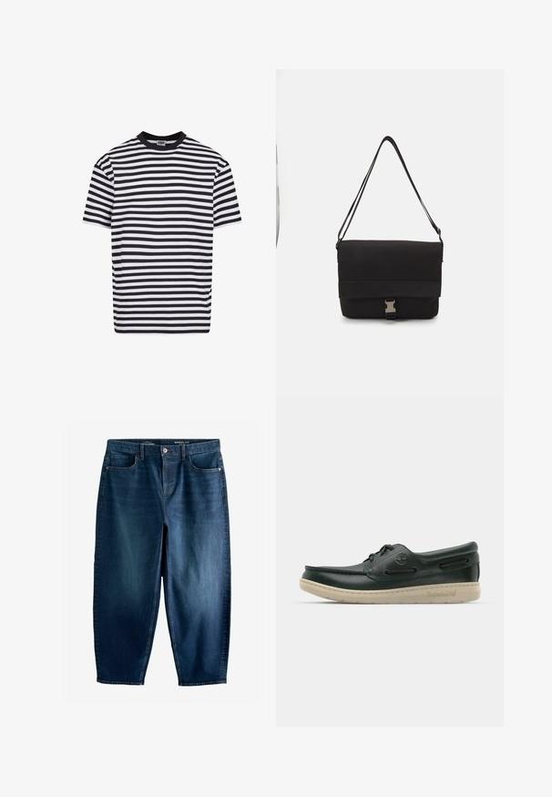 Juodai balta horizontaliai juostuota trumpų rankovių marškinėliai su juodu apykakle, pažymėti Urban Classics, vidutinio dydžio.; Tamsiai mėlynos kelnės su penkių kišenių dizainu, subtiliu nudėvėjimu ir kontrastingomis siūlėmis. Pagamintos iš denimo su lygiu paviršiumi.; Žalios odinės valtinės bateliai su apvaliu pirštu, siuvinėtais detalėmis, mažais skylutėmis ir baltu guminiu padu, ant kurio yra Timberland logotipas.; Juodas pranešėjo krepšys, pagamintas iš lygaus medžiagos, su užkloto dangčiu, sidabrine užsegimo aparatūra ir reguliuojama petneša.