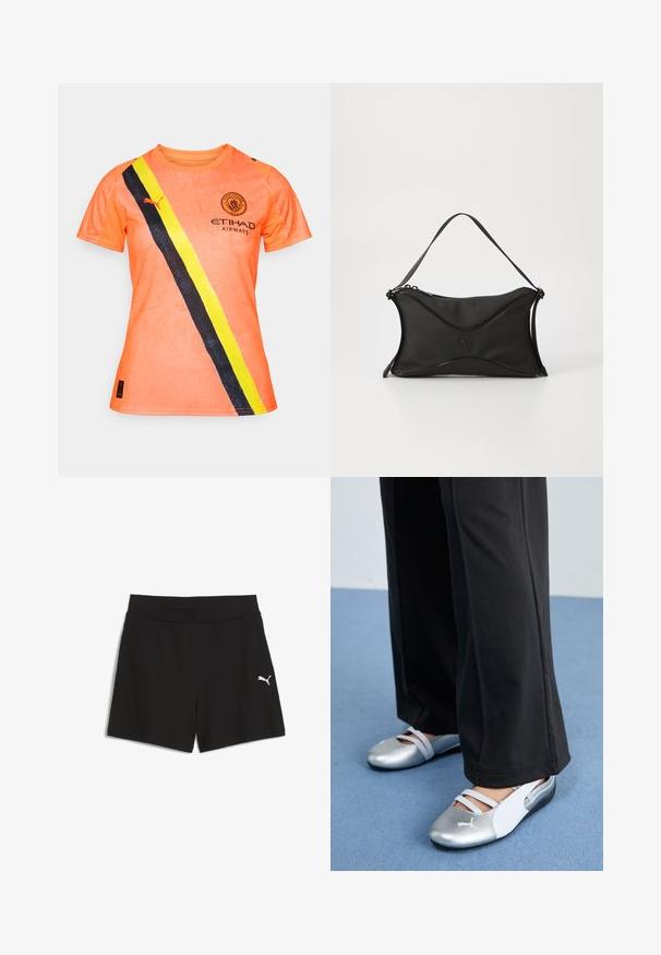 Narančasta atletska majica s crnim i žutim dijagonalnim prugama, logo Manchester Cityja i Puma oznaka na lijevom ramenu.; Crne kratke hlače od rebrastog materijala, s širokim elastičnim pojasom i malim bijelim Puma logom na donjoj lijevoj strani.; Srebrne i bijele ravne cipele s preklopnim trakama i teksturiranim detaljima, u kombinaciji s širokim crnim hlačama. Postavljene na plavu podlogu.; Crna torba s mekim, teksturiranim materijalom. Ima valoviti dizajn, jedan naramenicu i suptilan logo detalj s prednje strane.