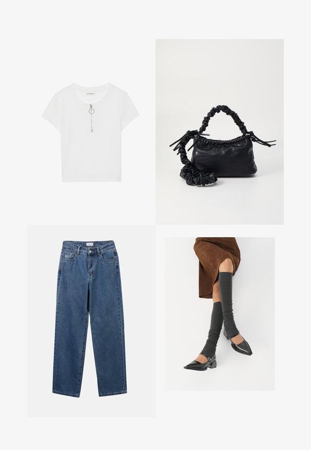 Camiseta branca de manga curta com texturização canelada, apresentando um fecho de zípper com um puxador em forma de anel prateado. Decote redondo e um corte descontraído, feita de um tecido suave.; Jeans de denim azul clássicos com um design de perna reta, cinco bolsos e fecho de botão. Apresenta um tratamento médio e uma textura resistente.; Sapatos pretos de pele lacada com biqueira pontuda, salto bloco e tiras no tornozelo, combinados com caneleiras cinzas em malha e uma saia de camurça castanha.; Bolsa de mão em couro sintético preto com textura de crocodilo, topo franzido e alça enrugada. Apresenta um design suave e compacto.