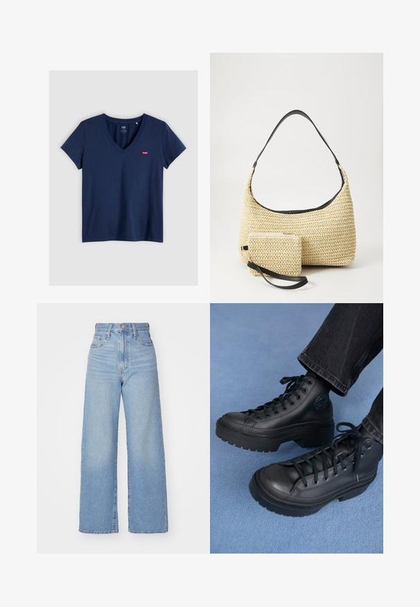 Navy blue V-neck T-shirt made of cotton with short sleeves. Features a small red branded label on the left chest. Smooth texture.; Light blue high-waist wide-leg jeans with front button and zip closure, front and back pockets, on a white background.; Black high-top sneakers made of smooth leather, featuring a round toe, thick rubber sole, and black laces. Logo patch on the side.; Woven straw handbag with a curved silhouette, featuring a smooth black leather strap and a matching small pouch attached by a wrist strap.