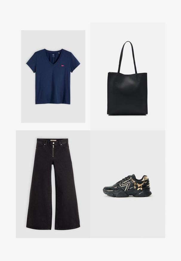 T-shirt azul marinho em V, feito de algodão, com mangas curtas. Possui um pequeno rótulo de marca vermelho no lado esquerdo do peito. Textura suave.; Calças de ganga de perna larga em denim preto com fecho éclair à frente, design de cinco bolsos e detalhes de costura subtil. Textura suave e estilo casual.; Sneaker Replay preto e dourado com sola chunky, corrente decorativa dourada e charms, e detalhes em branco no lado e no calcanhar.; Bolsa tote preta em couro com textura lisa, forma retangular e duas alças longas. Sem hardware ou enfeites visíveis.