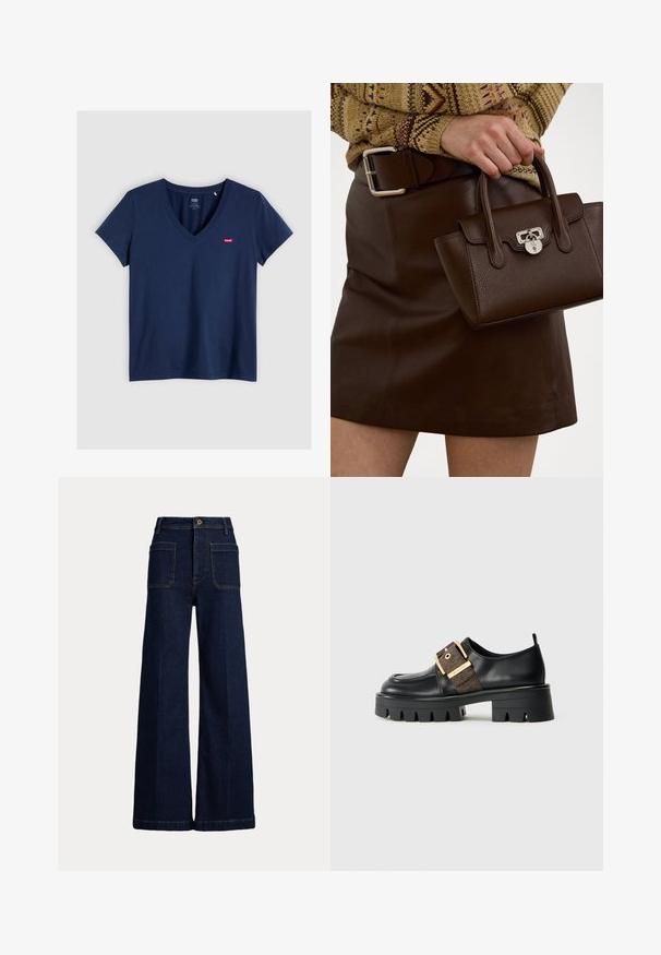 Marineblå T-skjorte med V-hals laget av bomull, med korte ermer. Har et lite rødt merkelapp på venstre bryst. Glatt tekstur.; Bredde ben, mørkeblå denimjeans med høy livhøyde, fem lommer og kontraststing. Har knappelukking og en strukturert fasong.; Svart lærsko med en kraftig såle, med et gullspenne og en teksturert brun aksent. Rund tå og minimalistisk design.; Brun skinnveske med strukturert overflate og sølvfarget hardware, holdt med en hånd ved siden av et brun skinnskjørt og et mønstrete genser.