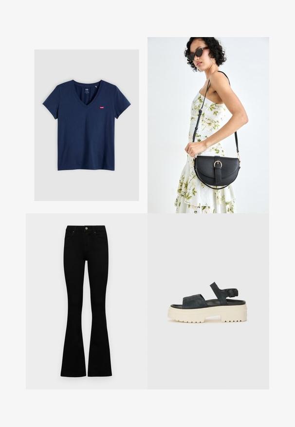 Tumed sinine V-kaelusega T-särk, mis on valmistatud puuvillast ja millel on lühikesed varrukad. Vasakul rinnal on väike punane kaubamärgiga silt. Siledat tekstuuri.; Mustad kõrge vöökohtadega teksad, millel on nööp ja lukuga sulgemine, esikäe taskud ja laienevad sääred, asetatud tasasele valgele taustale.; Mustad musta sametist platvormsandaalid, millel on paks valge tald, lai esirihm ja reguleeritav pahkluu nööpe. Tekstureeritud tallad haardevad.; Mustmust mustraha kõverate joontega, eemaldatava rihmaga ja kuldsete detailidega. Kotil on klapp, millel on pandladetail.