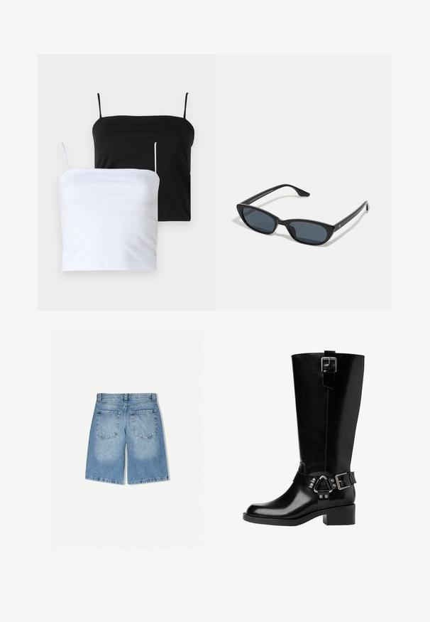 Due top da donna in colore nero e bianco. Realizzati in tessuto morbido con spalline sottili e regolabili. Texture liscia, design semplice, senza motivi particolari.; Shorts in denim chiaro con una vestibilità rilassata. Presentano due tasche posteriori e un design a gamba dritta. Texture liscia con una leggera scoloritura.; Stivale in pelle nera fino al ginocchio con punta arrotondata, tacco spesso, cinturino regolabile con accessori in metallo e finitura lucida.; Occhiali da sole cat-eye neri con lenti scure, montatura in plastica, stanghette sottili e una leggera marca sulla parte interna del braccio. Finitura opaca.; Borsa a tracolla in pelle nera con silhouette curva, dotata di una tracolla in catena dorata e una finitura liscia e lucida.