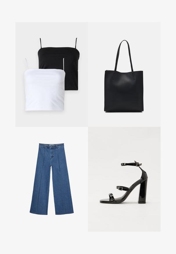 Dvě přiléhavé topy bez rukávů v černé a bílé barvě. Vyrobené z měkké tkaniny s tenkými, nastavitelnými ramínky. Hladká textura, jednoduchý design, žádné viditelné vzory.; Džíny s širokými nohavicemi v středně modré barvě, se zvýšeným pasem, knoflíkovým zapínáním a kontrastními vertikálními švy vpředu.; Černé lakované sandály na podpatku se čtveratou špičkou, lýtkovými pásky a stříbrnými přezkami. Disponují masivním blokovým podpatkem pro stabilitu.; Černá kožená taška přes rameno s hladkým povrchem, obdélníkovým tvarem a dvěma dlouhými uchy. Žádné viditelné kování ani ozdoby.
