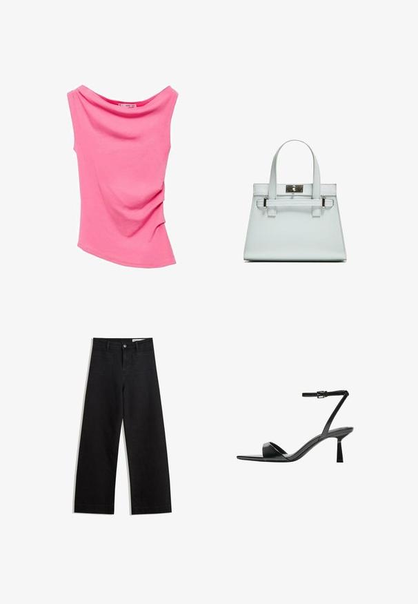 Top roz fără mâneci, cu un decolteu drapat, material din bumbac neted, detalii cu pliuri pe lateral și o margine ușor curbată.; Pantaloni din denim negri cu picioare largi, cu talie înaltă, având buzunare frontale și posterioare, cusături dublate și închidere cu nasture. Textură netedă.; Bershka Sandale cu toc - black; Geantă de mână de culoare albastru deschis, cu un design structurat, două mânere și o clapetă din metal cu ton argintiu. Material texturat și colțuri ascuțite.