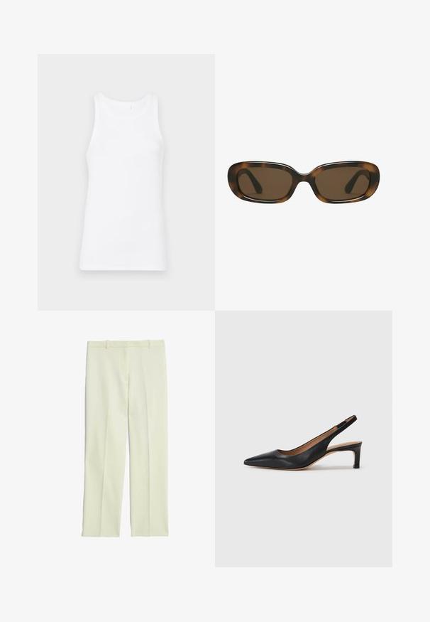 Top sin mangas de algodón blanco con un escote redondo y tirantes anchos. La tela es suave y ajustada, sin patrones ni adornos visibles.; Pantalones ajustados de color crema con un diseño de pierna recta, que presentan un frente plano, presillas para cinturón y una textura suave.; Zapato de tacón tipo slingback de cuero negro con punta afilada, tacón bajo y una textura suave. Cuenta con una delgada correa ajustable para un ajuste seguro.; Gafas de sol de carey con un marco rectangular redondeado y suave, y lentes marrones. Presenta brazos delgados y curvados con un acabado brillante.