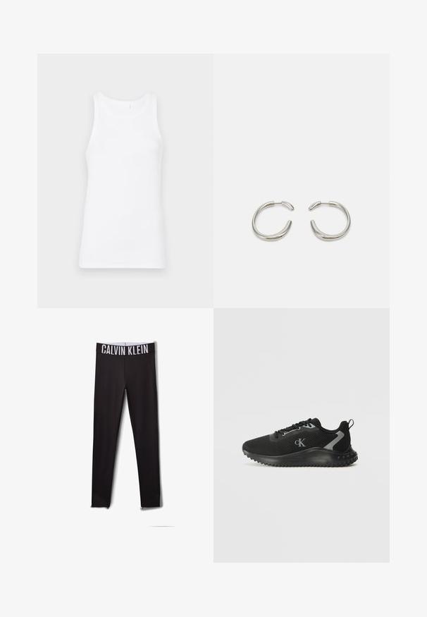 Hvit bomulls tanktopp med rund hals og brede skulderstropper. Stoffet er glatt og tettsittende, uten synlige mønstre eller dekorasjoner.; Sorte leggings med en hvit "CALVIN KLEIN" logo på midjebåndet. Glatt materiale, tettsittende design, med mesh-detaljer ved anklene.; Svart lavtoppaid sneakers med pustende mesh, snøret design, teksturert såle og "cK" logo på siden.; Sølv hoop øredobber med en glatt, avrundet design og en elegant, polert finish. Har en minimalistsk form med en liten åpning.