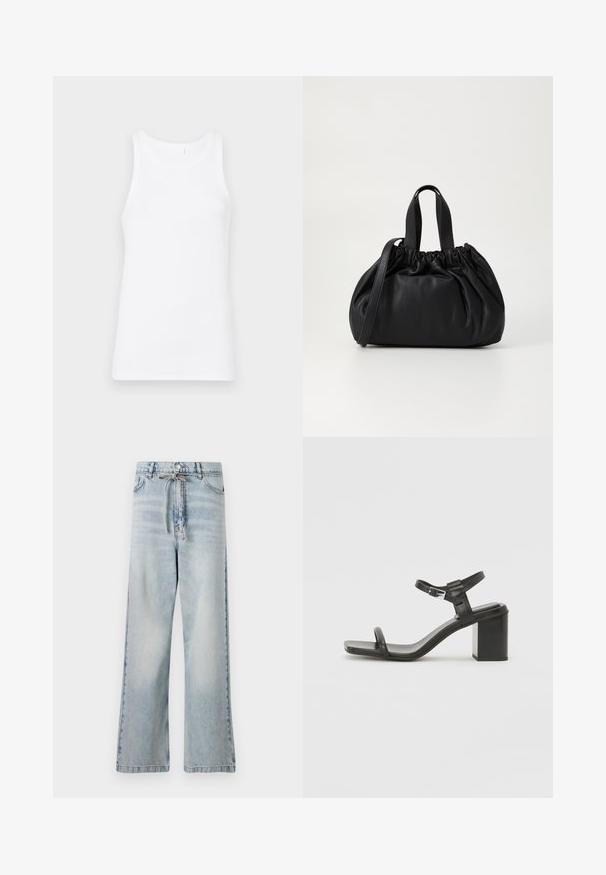 Biele bavlnené tielko s okrúhlym výstrihom a širokými ramienkami. Tkanina je hladká a priliehavá, bez viditeľných vzorov alebo ozdôb.; Svetlomodré široké džínsy vyrobené z denimu, s vysokým pásom, prednými vreckami a detailom so šnúrkou v páse. Zničená textúra.; Čierne kožené sandále na blokovom podpätku s širokým pásom cez prsty a nastaviteľným pásom okolo členku, s elegantným, minimalistickým dizajnom.; Čierna kožená kabelka so zberaným vrchom, s dvoma krátkymi držadlami a dlhým nastaviteľným popruhom. Hladká textura, zaoblený tvar.