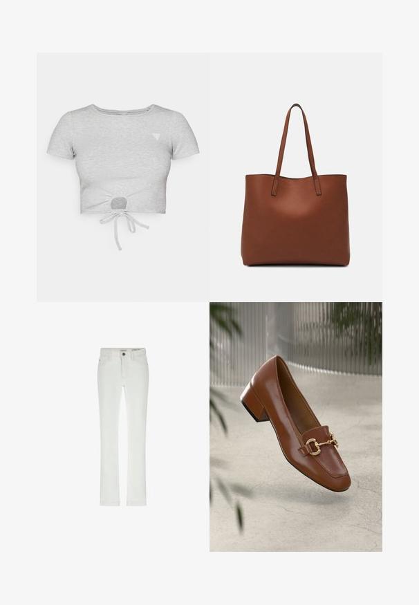 Siva rebrasta skrajšana majica s kratkimi rokavi, ki ima vezno podrobnost na dnu in majhen trikotni logotip na levi dojki.; Beli traperice s slim krojem, zasnovane s petimi žepi in kontrastnim šivanjem. Imajo gumbasto zapiranje in diskretno oznako blagovne znamke na pasu.; Rjavi lakirani loafer z kvadratnim nosom, kovinsko verigo kot okrasom in nizko blok podplatom; gladka tekstura, minimalističen dizajn.; Rjava usnjena torba z gladko teksturo, odprto zasnovo zgoraj in dvema naramnima trakovoma. Opremljena je z minimalnim šivanjem in brez vidnih kovinskih delov.