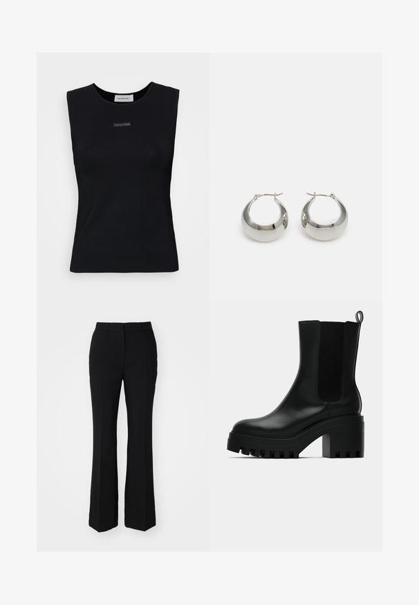 Černý top bez rukávů vyrobený z hladkého materiálu. Má kulatý výstřih a malé logo Calvin Klein ve středu. Jednoduchý a přiléhavý střih.; Černé upravené kalhoty s rozšířeným střihem. Vyrobené z hladkého materiálu s předními sklady a plochým pasem. Bez viditelných kapes.; Černá kožená kotníková bota s kulatou špičkou, masivní platformou a bočními síťovými detaily. Obsahuje poutko pro snadné obouvání.; Stříbrné kovové kroužkové náušnice s hladkým, lesklým povrchem a strukturovaným, zaobleným designem. Obsahují klapku s pántem pro bezpečné nošení.