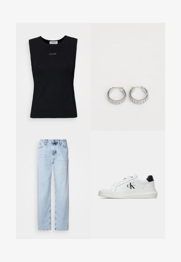 Čierny bezrukávový top vyrobený z hladkej látky. Má okrúhly výstrih a malé logo Calvin Klein na strede. Jednoduchý a priliehavý dizajn.; Svetlomodré široké džínsy vyrobené z denimu, s vysokým pásom, vyblednutým umývaním a jemným vzorom batikovania na prednej strane.; Biele nízke tenisky s čiernym pätkovým dielom, platformovou podrážkou, šnúrkami a logom "CK" značky Calvin Klein na boku.; Strieborné kruhové náušnice s textúrovaným dizajnom, ktorý obsahuje vertikálne ryhy. Obdĺžnikový tvar so zabezpečovacím uzáverom. Hladký povrch.