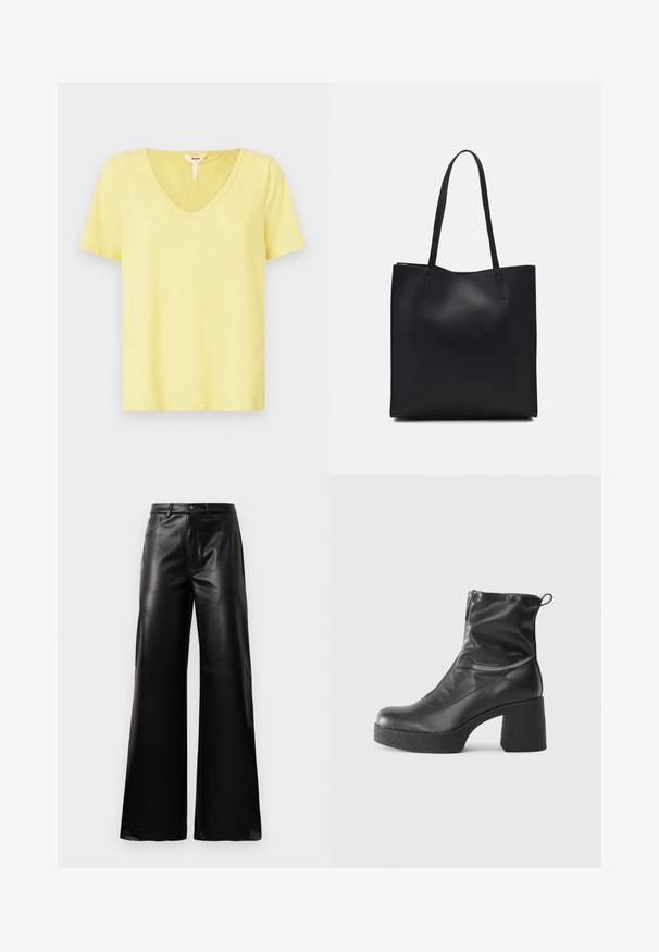 Yellow V-neck t-shirt made of soft fabric with short sleeves, featuring a relaxed fit and minimal stitching detail at the neckline.; Black high-waist wide-leg faux leather pants with front button, zip closure, belt loops, and side pockets on white background.; Black ankle boots made of smooth leather, featuring a side zipper, chunky textured heel, and rounded toe design.; Black leather tote bag with smooth texture, rectangular shape, and two long handles. No visible hardware or embellishments.
