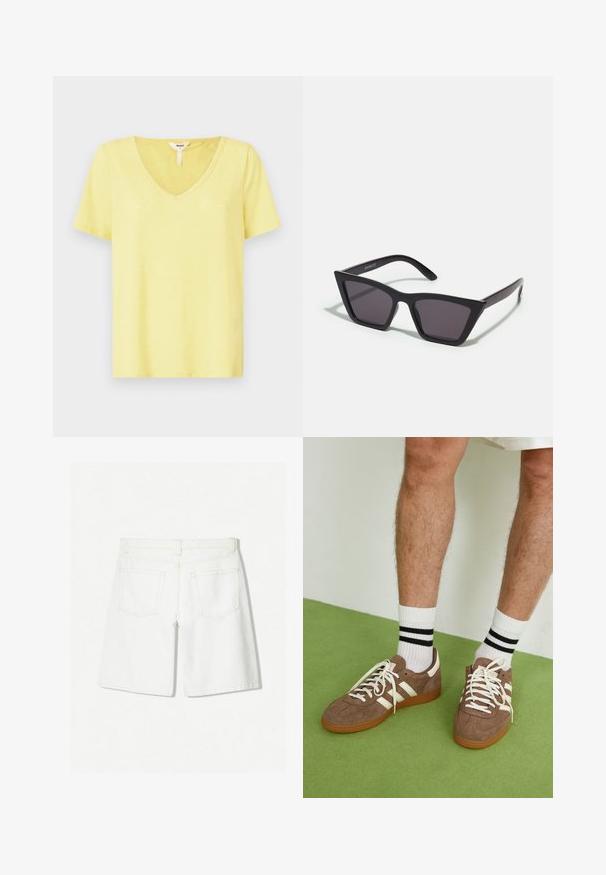 Keltainen V-kaula-aukkoinen t-paita, joka on valmistettu pehmeästä kankaasta, lyhythihainen ja siinä on rento malli sekä minimaalinen ompelusyksityiskohta kaula-aukossa.; Valkoiset farkkushortsit suoran leikkauksen muotoilulla, joissa on korkea vyötärö, kaksi takataskua ja huomaamaton ommelainetyyli.; Ruske nahkate sneakerit valkoisilla korostuksilla ja nauhoilla. Kumi-gumipohja. Yhdistetty valkoisiin sukkiin, joissa on mustia raitoja. Vihreä teksturoitu lattia.; Mustat, kulmikkaat aurinkolasit harmailla linsseillä; valmistettu muovista, paksuilla varsilla, joissa on sileä pinta ja ilman näkyvää metalliosaa.; Punottu viininpunainen käsilaukku, jolla on pyöreä muoto, paksu kahva ja teksturoitu nahka. Ominaisuuksiin kuuluu sileä, kiiltävä pinta ja vetoketjukiinnitys.