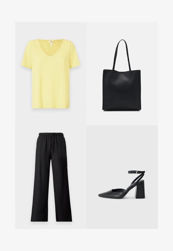 Geltona V formos iškirptės marškinėliai, pagaminti iš minkštos medžiagos, su trumpomis rankovėmis, pasižymintys laisvu siluetu ir minimalia siuvimo detale kaklo srityje.; Juodos plačios kelnės, pagamintos iš lengvos medžiagos, su elastinga juosmens juosta ir švelniu paviršiumi.; Juoda odinė smailiagalė aukštakulnio bateliai su kulkšnies dirželiu ir storu kulnu. Lygus paviršius, elegantiškas dizainas ir minimalistiška estetinė. ; Juodas odinis tote krepšys su lygia tekstūra, stačiakampio formos ir dviem ilgais rankenomis. Matomų metalinių detalių ar puošybos nėra.