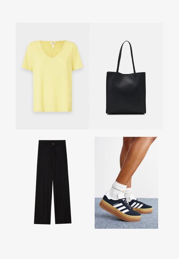 Gelbes V-Ausschnitt-T-Shirt aus weichem Material mit kurzen Ärmeln, entspannter Passform und minimalen Nähten am Kragen.; Schwarz weit geschnittene Hose aus einem glatten Stoff, mit frontalen Taschen und einem Knopfverschluss an der Taille. Minimalistisches Design ohne Muster.; Schwarze Wildledersneaker mit weißen Streifen und Akzenten, rundlicher Zehenbereich, Sohlen aus braunem Gummi, kombiniert mit weißen, gerippten Sneakersocken.; Schwarze Laptoptasche aus Leder mit glatter Textur, rechteckiger Form und zwei langen Griffen. Keine sichtbaren Beschläge oder Verzierungen.