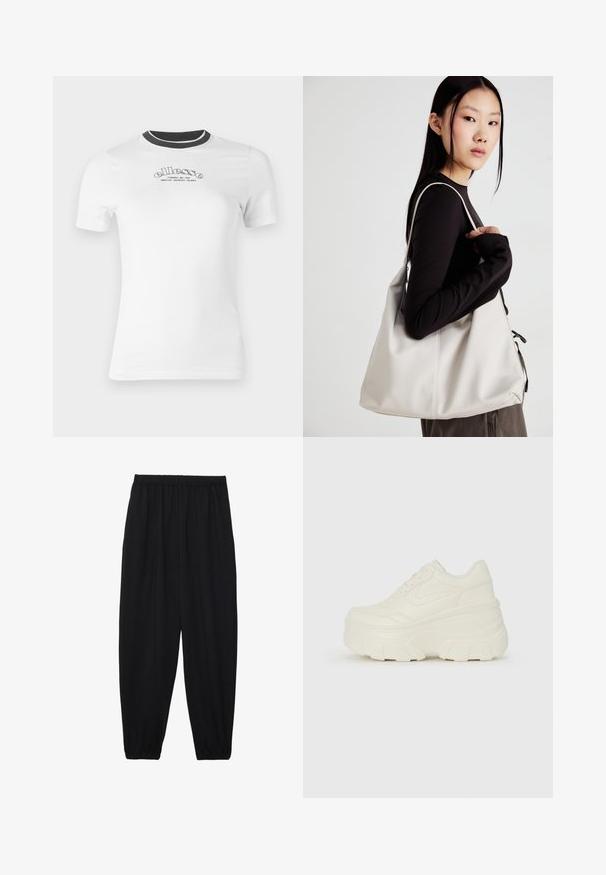 Valge lühikeste varrukatega T-särk musta ribaga ümberkaela. Rinnal on musta kiri "ellesse". Pehme puuvillane materjal.; Mustad, kerge kangas püksid elastse vöökoha ja kokku volditud pahkluudega. Kanga pind on sile ja disain on lõdvestunud, kitsenev.; Valged platvormi tõusukingad, millel on siledast nahast meenutav pealis, ümar kuju, pehmendatud kaelus ja tekstureeritud kummitald koos selgete hüdrofoobsete mustritega.; Bež käekott pehme materjali, millel on lõtv disain, õmblustega detailid ja kaks õlarihma. Sobib igapäevaseks kasutamiseks.