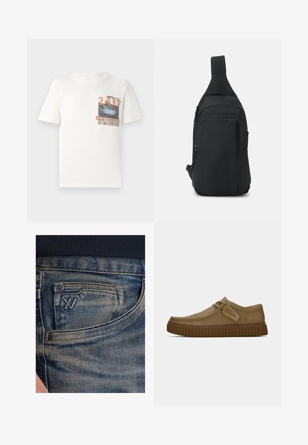 TOM TAILOR DENIM Potiskana majica - gardenia white; Modre denim kavbojke z izbledelo teksturo, z žepkom za kovance in črnim logotipom spredaj. Pas je iz temno mornarsko modrega rebrastega blaga.; Svetlo rjave antilop čevlje z ovalnim nosom, šivi in ribasto rjavo gumijasto podplat. Ima stransko oznako z logotipom "Clarks".; Črn, tkaninski sling nahrbtnik z enim ramenskim trakom, več žepnimi zadrgami in sodobnim, minimalističnim dizajnom.