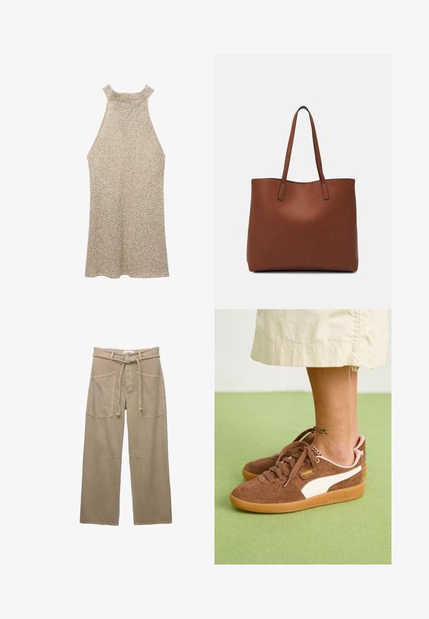 Stickad halterklänning i beige med texturerad yta. Har hög halsringning och är ärmlös, fladdrar försiktigt mot nederkanten.; Beige vida byxor gjorda av hållbart tyg, med stora framfickor, ett flätat bälte och subtila sömdetaljer.; Bruna mockaskor med vita detaljer, gummisula och rosa häl. Snören och varumärkesdetaljer synliga. En del av en ankel-tatuering syns.; Brun läder tote-väska med en slät textur, öppen toppdesign och två axelremmar. Har minimal söm och ingen synlig metalldetalj.