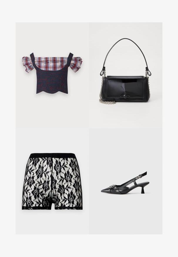 Denim off-the-shoulder -paita paksuilla ruutukuosisilla hihoilla, jossa on punasinfinen kuvioitu vartalo ja aaltoileva helma. Mukana säädettävät hihnat.; Mustat pitsishortsit kukkakuviolla ja erottuvalla kiinteällä mustalla vyötäröllä. Läpinäkyvä muotoilu pehmeällä tekstuurilla, keskijalkaan asti ulottuva pituus.; Mustat nahkakengät, joissa on avonainen takaosa ja kärjessä terävä muoto, koristevyöt, joissa on metalliset reiät, sekä matala lohkoepohja. Teksturoitu pinta.; Musta lakattu nahkalaukku suorakaiteen muotoisena, ketjuhihnalla ja erottuvalla varustusesineellä keskellä. Siveltimellinen pinta.