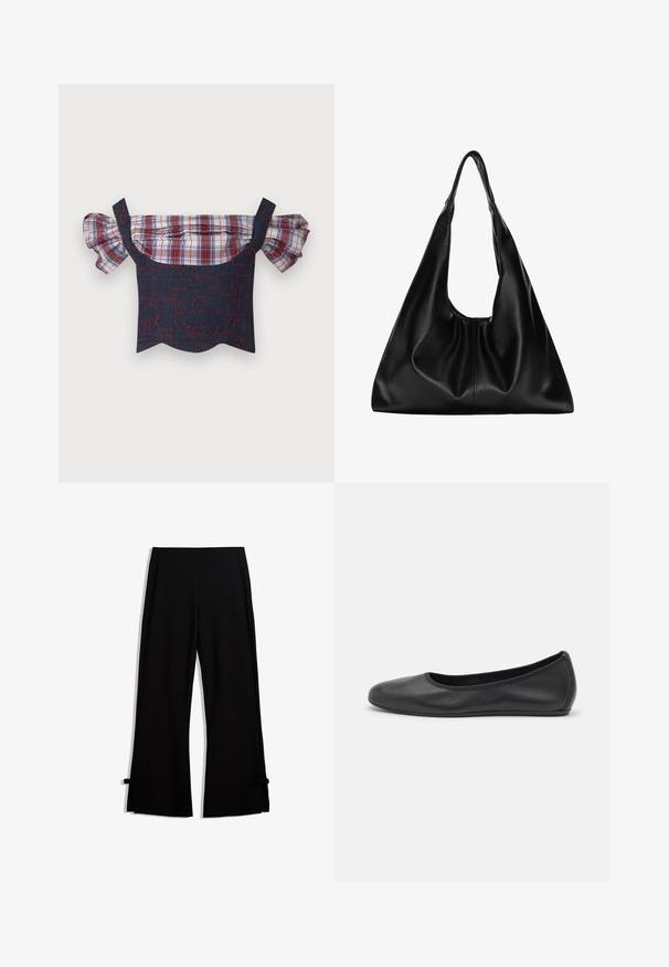 Denim bluzon z naramnicami, ki se nosi brez ramena, s puhastimi karirastimi rokavi, rdečo in modro vzorčeno telo ter valovitim robom. Vključene so nastavljive naramnice.; Črne široke hlače iz mehkega materiala, z bočnimi razpoki, ki so na dnu pritrjene z mašnami za dodaten poudarek.; Črne usnjene balerinke z zaobljenim nosom, gladko teksturo, minimalnimi šivi in fleksibilno zasnovo podplata.; Črna usnjena hobo torba z mehko, ukrivljeno obliko. Ima širok zgornji ročaj in gube na dnu, kar daje torbi udoben izgled.