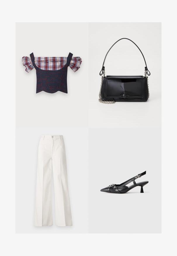 Denimowa bluzka na jedno ramię z bufiastymi, kraciastymi rękawami, w czerwono-niebieskim wzorze i falbaniastym dołem. W zestawie regulowane ramiączka.; Białe spodnie typu wide-leg wykonane z bawełny o gładkiej fakturze. Posiadają zapięcie na guzik z przodu, zamek błyskawiczny oraz cztery kieszenie.; Czarne skórzane buty typu slingback z ostrym noskiem, ozdobnymi paskami z metalowymi oczkami oraz niskim klinowym obcasem. Teksturowana powierzchnia.; Czarna torebka z lakierowanej skóry o prostokątnym kształcie, z łańcuszkowym paskiem i charakterystycznym akcentem ze sprzętem na środku. Gładka tekstura.