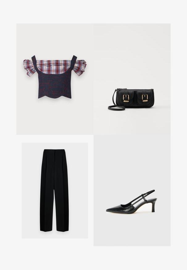 Džínová blůza bez ramínek s nafouklými kostkovanými rukávy, včetně těla s červeným a modrým vzorem a vlnkovaným lemem. Součástí jsou nastavitelné ramínka.; Černé široké kalhoty s vysokým pasem, které mají sklady a hladký povrch. Tkanina vypadá lehce a krásně se splétá.; Černé lakované slingback podpatky s špičatou špičkou, zdobené texturovaným hadím vzorem, nastavovacím páskem a krátkým texturovaným blokovým podpatkem.; Černá kožená crossbody taška se dvěma předními kapsami, zlatými přezkami, zipovým uzávěrem a štíhlým popruhem. Texturovaný povrch a kompaktní obdélníkový tvar.