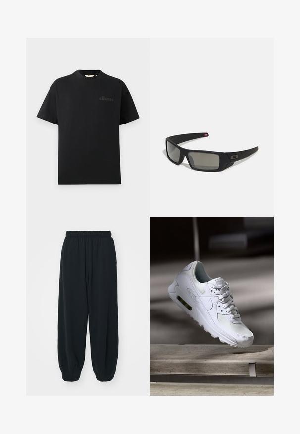Juodas medvilnės marškinėliai trumpomis rankovėmis, apvaliu iškirpimu ir subtiliu įspaustu logotipu kairėje krūtinės pusėje. Lygus paviršius ir klasikinis fasonas.; Juodi, su elastiniu juosmeniu sportiniai kelnės su laisvu siluetu, suapvalintais kulkšnimis, lygia tekstūra ir be matomų raštų ar metalinių akcentų.; Baltos Nike Air Max 90 sportbačiai su.comi ir odos viršumi, perforuota pirštų dėžute ir matomu oro pagalvėle kulne.; Juodi akiniai saulės su matinio paviršiaus užbaigimu, stačiakampiai lęšiai, švelnus lenkimas ant šventyklų, subtilus logotipo detalizavimas ir dūminiai lęšiai.