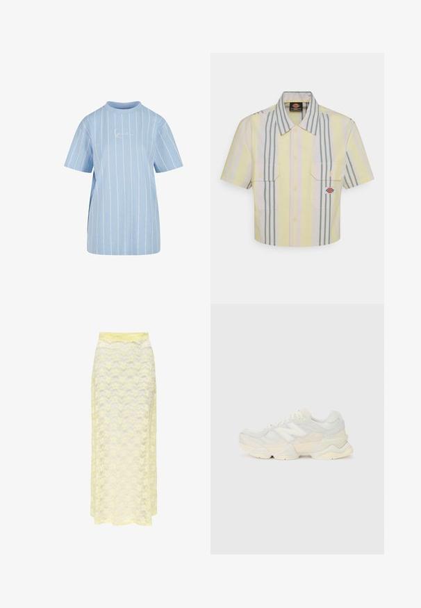 Lichtblauw T-shirt met horizontale witte strepen, korte mouwen, een hoge halslijn en een subtiel geborduurd logo op de voorkant.; Korte mouwen overhemd in lichtgeel met verticale groene en pastel strepen. Beschikt over twee borstzakken en een logo-opdruk op de linkerzak.; Geel kanten maxi rok met een golvend patroon, voorzien van een gladde tailleband en een zachte, doorschijnende textuur. Ontworpen voor een vloeiende silhouet.; Lichte sneaker met een bovenwerk van mesh en suede in zachte crèmekleuren, met een chunky zool en driedimensionale accenten.