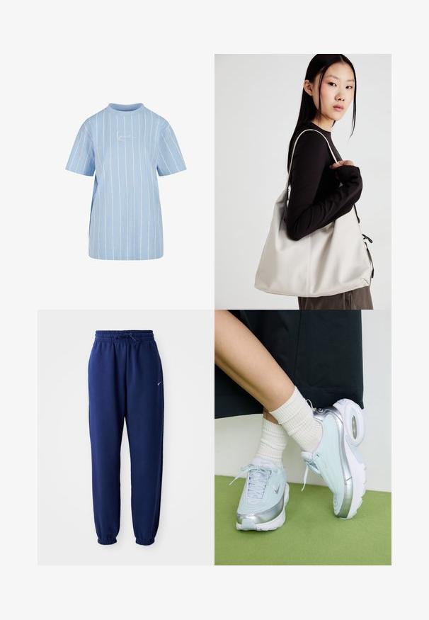 Gaiši zils T-krekls ar horizontālām baltām svītrām, īsām piedurknēm, augstu apkakli un smalku izšuvumu priekšpusē.; Navy zila sporta bikses, izgatavotas no mīksta auduma, ar elastīgu jostu ar auklu, elastīgiem piedurknēm un mazu balto logo.; Gaiši zili sporta apavi ar sudraba akcentiem, teksturēts augšējais pārklājums, mīksts zole un redzama gaisa vienība. Apvienoti ar baltām ribotām zeķēm.; Bežs rokassoma, izgatavota no mīksta materiāla, ar brīvu dizainu, izšūtu apdari un divām plecu siksnām. Piemērota ikdienas lietošanai.