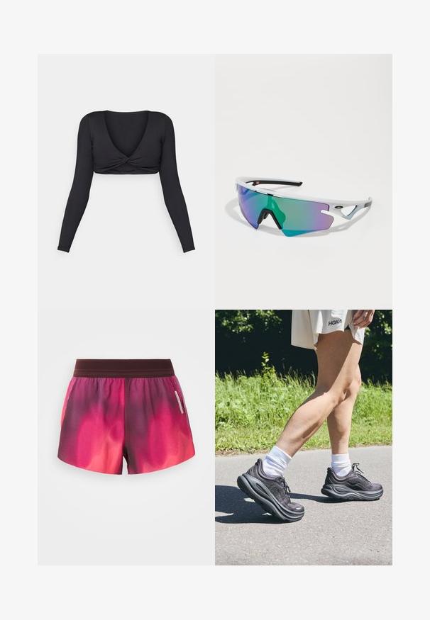 Černý crop top s dlouhým rukávem, hlubokým véčkovým výstřihem a zkrouceným předním designem, vyrobený z hladkého, elastického materiálu.; Růžové a fialové přechodové sportovní kraťasy s elastickým pasem, hladkým povrchem a štítkem na boku. Kraťasy mají volný střih.; Černé sportovní boty s texturovanou tkaninou, silnou polstrovanou podrážkou a tkaničkami, spárované s bílými ponožkami a světle béžovým oděvem.; Sportovní sluneční brýle s bílým rámem, velkými čočkami s zeleno-fialovým gradientem, ostrým designem a černými akcenty na nožičkách a nosní části.