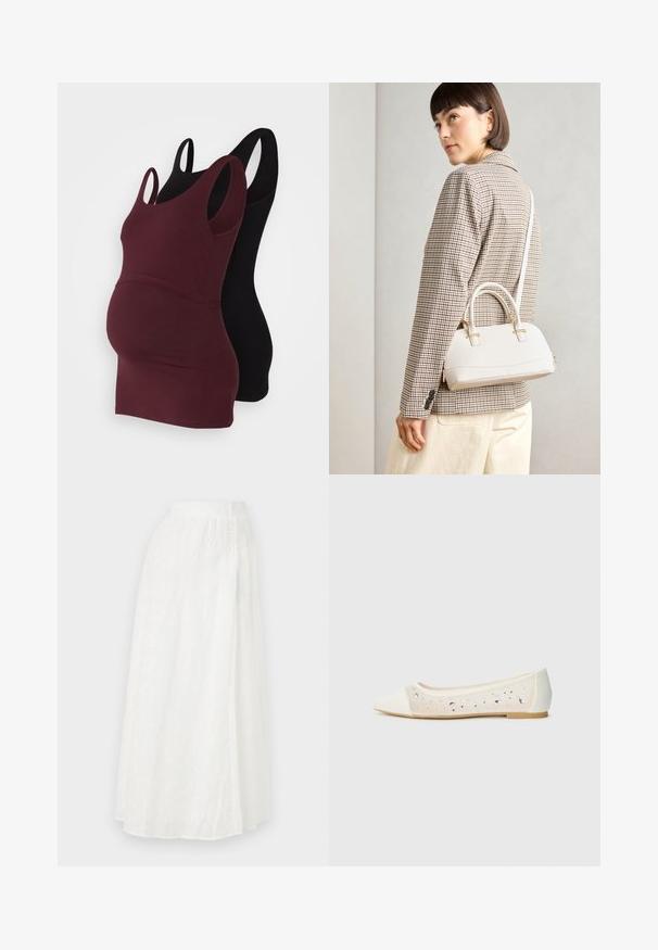 To gravide topper: en i bourgunderfarge og en i svart. Begge har brede stropper, en tettsittende design og er laget av myk bomull.; Hvit maxi-skjørt med elastisk midjebånd, som har et teksturert blomstermønster og blonder-lignende utskjæringer i hele stoffet.; Spiss tå ballettleestøvel i kremfarget skinn med gjennomsiktig overdel som har spredte rhinestones. Myk såle for komfort, minimalistisk design.; Hvit strukturert håndveske med korte håndtak og skulderreim, med detaljer i gullfinish og teksturert materiale, vist mot en grå bakgrunn.