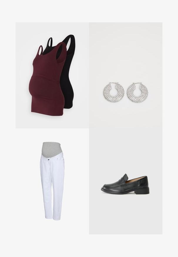 Two maternity tank tops: one in burgundy and one in black. Both feature wide straps, a form-fitting design, and soft cotton material.; White maternity jeans with a grey elastic waistband, featuring front pockets and a straight-leg design. Made from soft denim fabric.; Black leather loafer with a low heel, featuring a stitched design and slip-on style, set against a plain white background.; Silver hoop earrings adorned with multiple clear crystal embellishments, featuring a textured surface and an open circular design.