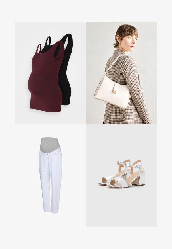 Dvi nėščiosioms skirtos marškinėliai: vieni bordo, kiti juodi. Abu turi plačias petnešas, prigludusią siluetą ir minkštą medvilninį audinį.; Balti nėštumo džinsai su pilku elastingu liemeniu, turi priekinius kišenes ir tiesius kojų modelius. Pagaminta iš minkštos džinsinio audinio.; Sidabrinės aukštakulnės šlepetės su atviromis pirštinėmis, turinčios dvi plačias juostas ir suapvalintą bloko kulną. Lygus paviršius su metalizuotu apdaila.; Balto odos rankinė su struktūrizuotu dizainu, turinti magnetinį užsegimą ir petnešą, demonstruojama prieš neutralią foną.