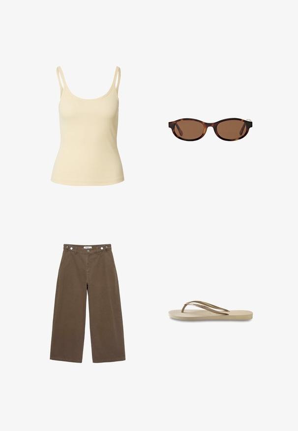 Lichtbeige geribde tanktop met dunne bandjes en een ronde halslijn, met een getailleerde silhouet en een soepele textuur.; Bruine geruite button-up overhemdjas met twee voorzakken met knopen op de borst en een klein logo-opdracht op de rechterszak.; Bruine wijde pantalon gemaakt van een duurzame stof. Beschikt over twee vo pockets, een knoopsluiting en een relaxte pasvorm met een zachte textuur.; Lichtbeige flip-flop met een getextureerde voetbed, platte zool en dunne, glanzende bandjes. Heeft subtiele merkvermelding op het bandje.; Bruine zonnebril met ovale montuur, voorzien van een schildpadpatroon en brede armen. Gladde textuur en subtiele brandingdetails aan de zijkant.; Donkergroene leren schoudertas met een ritssluiting aan de bovenkant, platte vorm, verstelbare band met perforaties en een gladde, matte textuur.