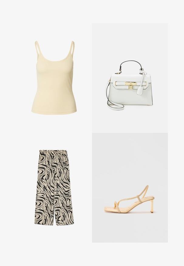 Lichtbeige geribde tanktop met dunne bandjes en een ronde halslijn, met een getailleerde silhouet en een soepele textuur.; Wijdvallende broek met een crèmekleurige achtergrond en een gedurfde zwarte abstracte zebrapatroon. Heeft een elastische tailleband en een soepele textuur.; Gouden sandalen met hakken en bandjes, voorzien van versierde bandjes, een vierkante neus en een dunne blokhak voor stabiliteit.; Witte handtas met krokodillenstructuur, gouden hardware, bovenhandvat en afneembare schouderband; beschikt over een slotvergrendeling en een minimalistisch ontwerp.