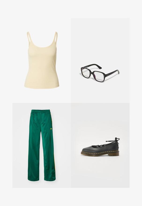 Hellbeige, geripptes Tanktop mit dünnen Trägern und Rundhalsausschnitt, das eine figurbetonte Silhouette und eine glatte Textur aufweist.; Grüne satinierte Sporthosen mit entspannter Passform, mit gelben Streifenakzenten und einem gestickten Logo auf der linken Seite. Elastischer Bund.; Schwarzer Lederschuh mit runder Zehenpartie, niedrigem Absatz, Schnürdetails und gelber Naht entlang der Sohle. Glatte Textur mit matter Oberfläche.; Schwarze rechteckige Brille mit klaren Gläsern, abgerundeten Kanten und seitlichen Akzenten, mit glänzender Oberfläche des Rahmens und der Bügel.